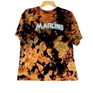 Majestic Marlins MLB T-Shirt Men's Black Gold Tie-Dye Short Sleeve Size 2XL